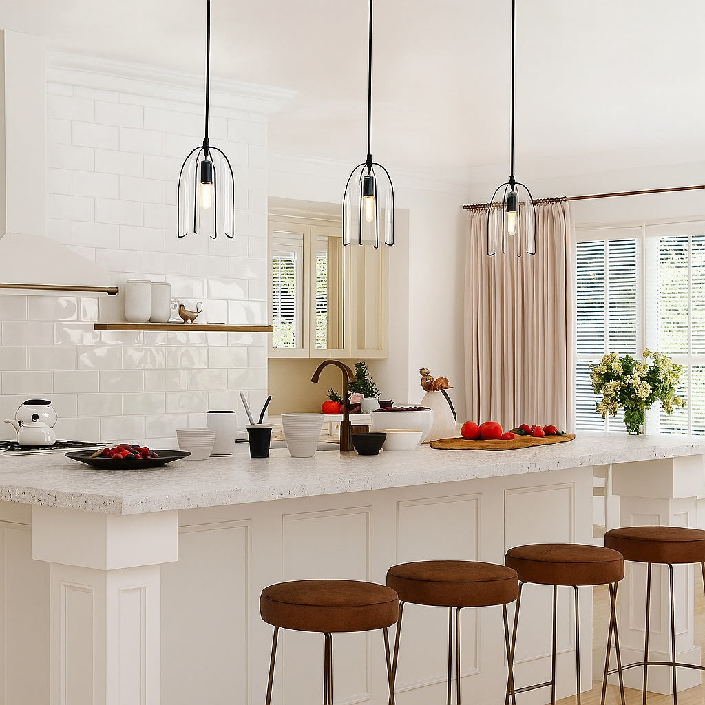 Modern Black Kitchen Island Hanging Light 1 Light Industrial Cage Dining Room Pendant Light with Seeded Glass Shade 628C7N7ZJJQ3821