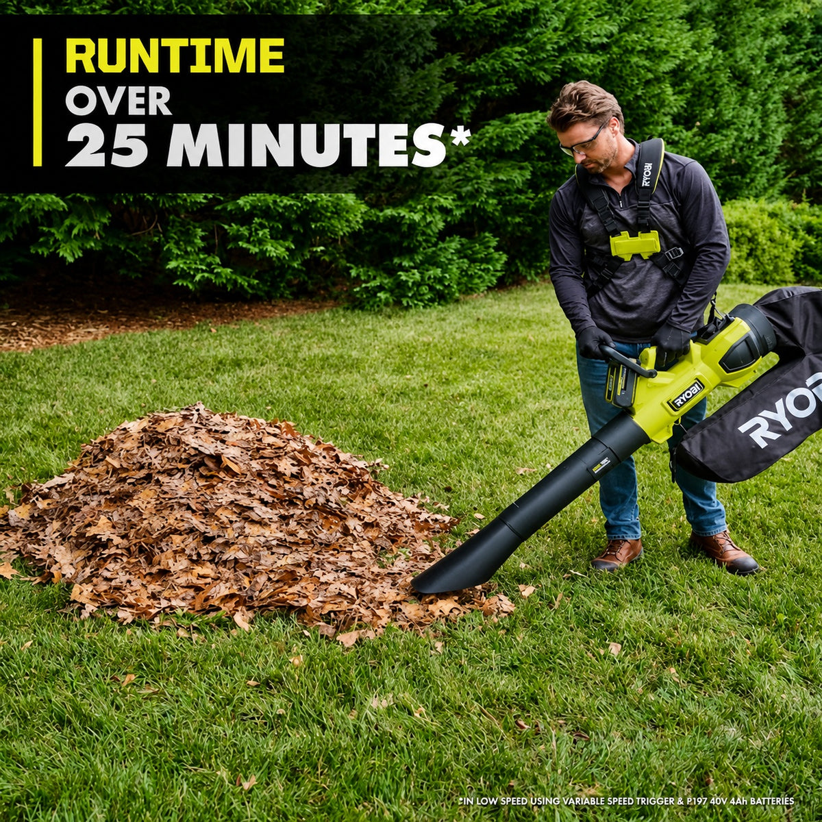 RYOBI 40V HP Brushless 100 MPH 600 CFM Cordless Leaf Blower Mulcher Vacuum with 2 4 0 Ah Batteries and Charger RY404150
