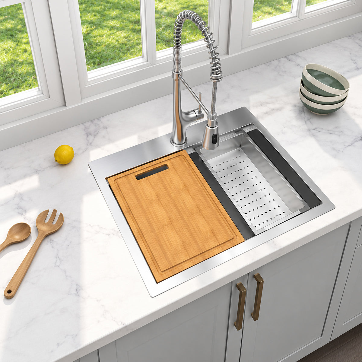Glacier Bay Zero Radius 27 in Drop In Single Bowl 18 Gauge Stainless Steel Workstation Kitchen Sink with Spring Neck Faucet