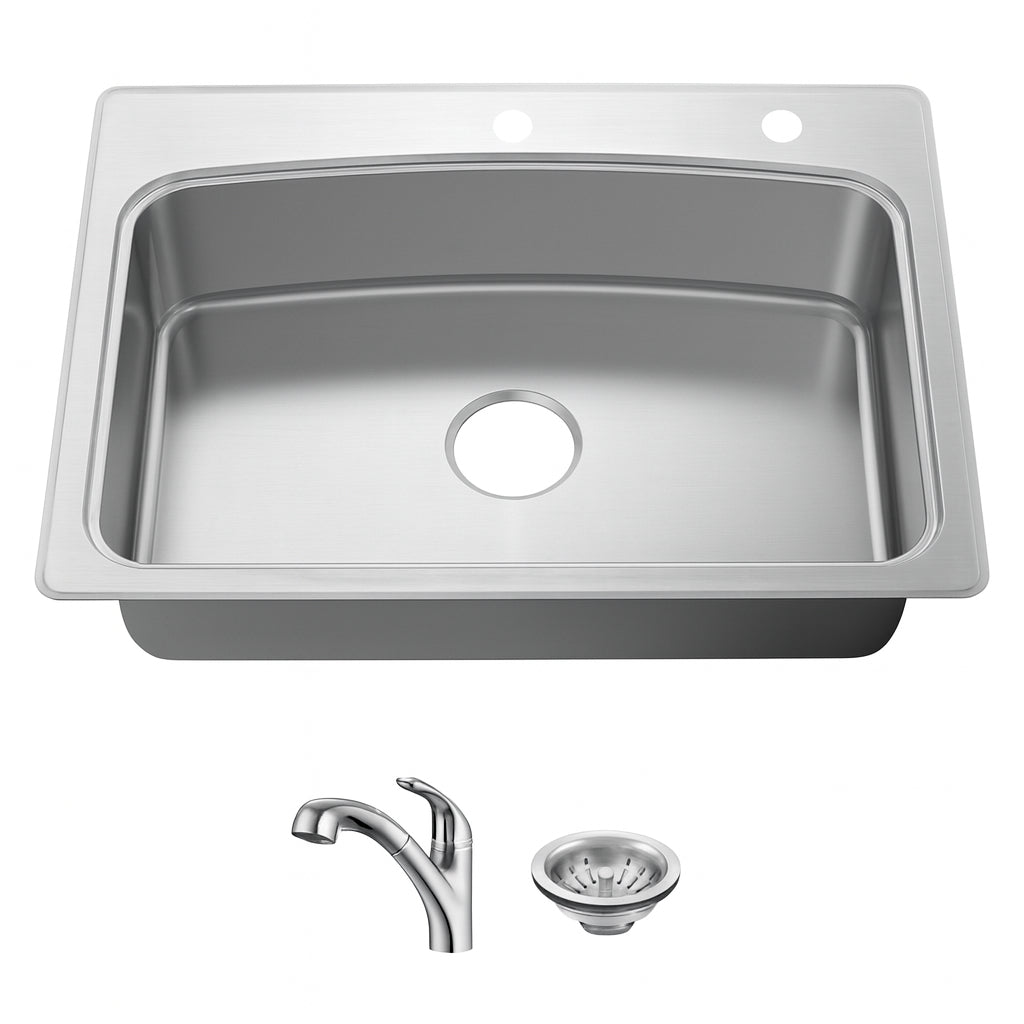 33 in. Drop-in Single Bowl 20 Gauge Stainless Steel Kitchen Sink with Pull-Out Faucet