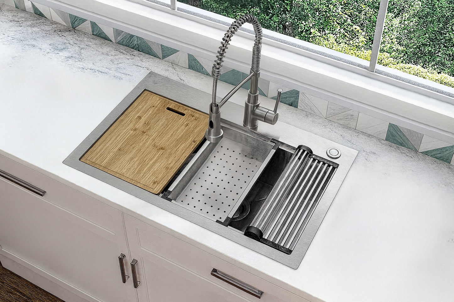 Glacier Bay Professional Zero Radius 30 in Drop-In Single Bowl 16 G Stainless Steel Workstation Kitchen Sink with Spring Neck Faucet