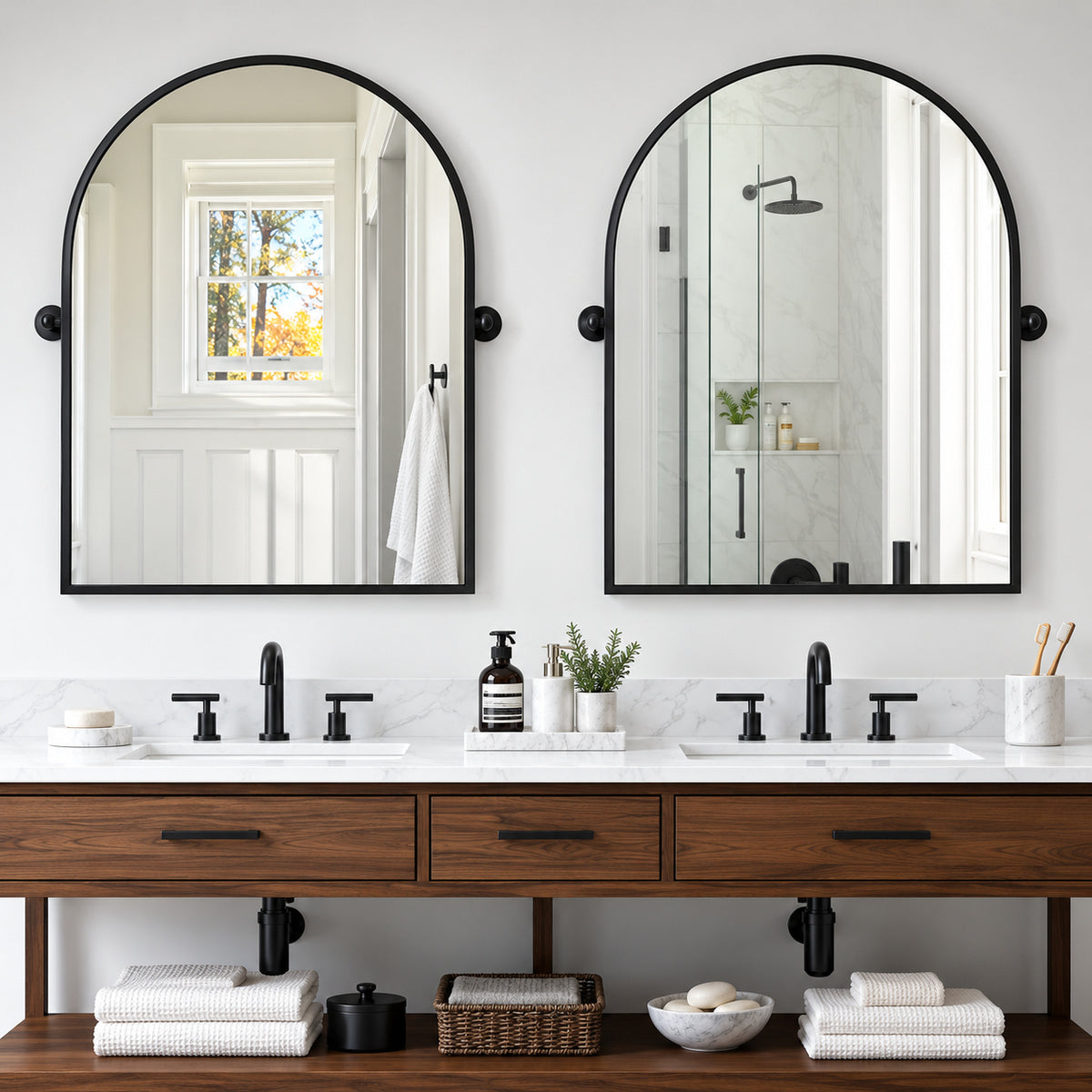 Dovelina 24 in W x 31 5 in H Modern Arch Top Metal Framed Black Pivoted Wall Vanity Mirror A MR01070