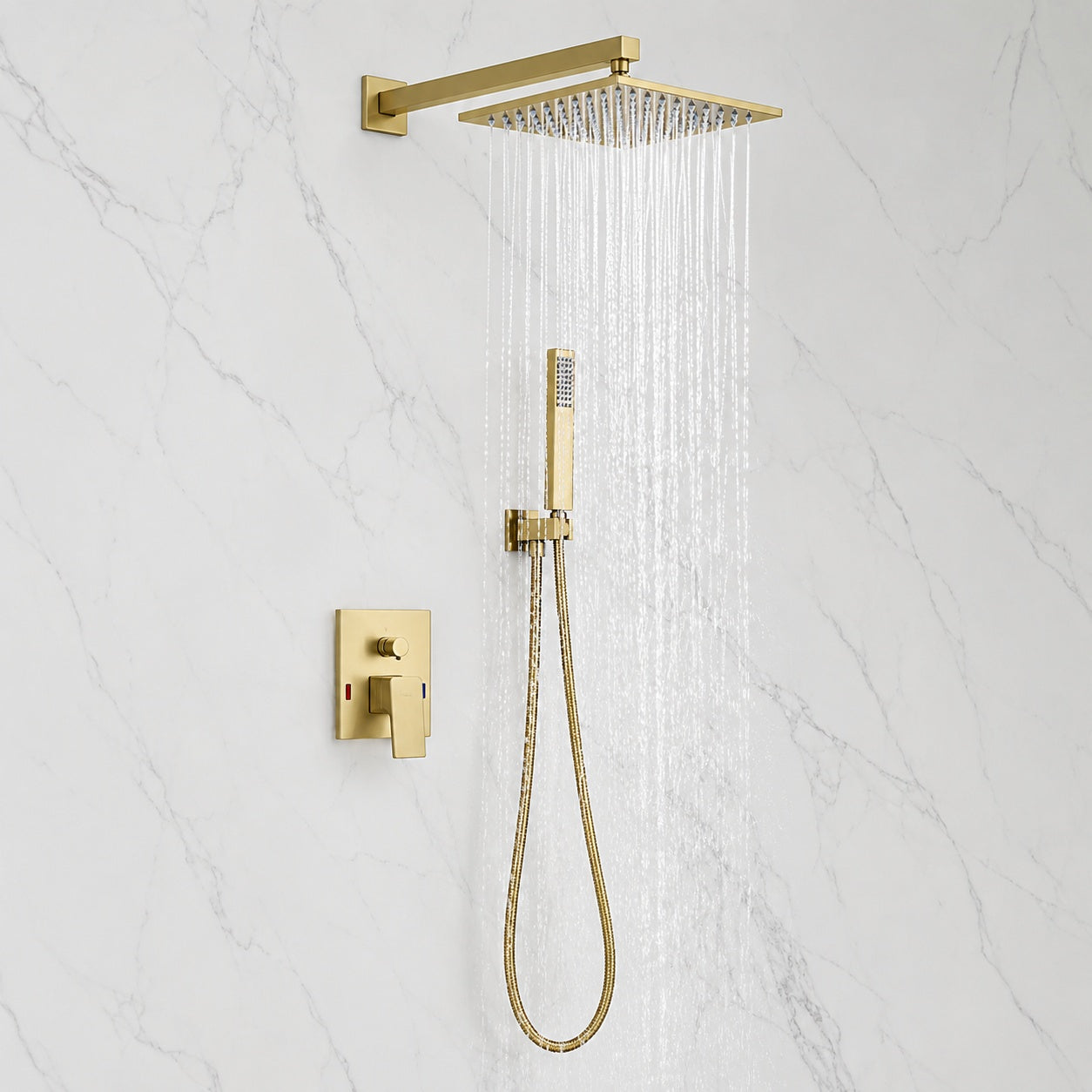 BWE Luxurious Single Handle 2 Spray 12 in Wall Mount Square Shower Head with Hand Shower Faucet in Brushed Gold
