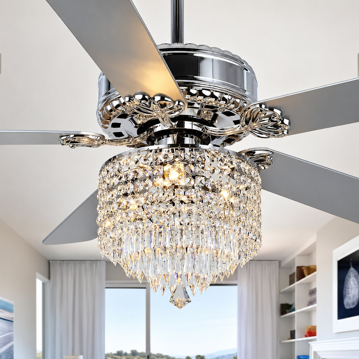 Oaks Aura Veneto 52 in Indoor Chrome Ceiling Fan Classic Glam Crystal Tradition Reversible with Light Remote Control Included BD2017
