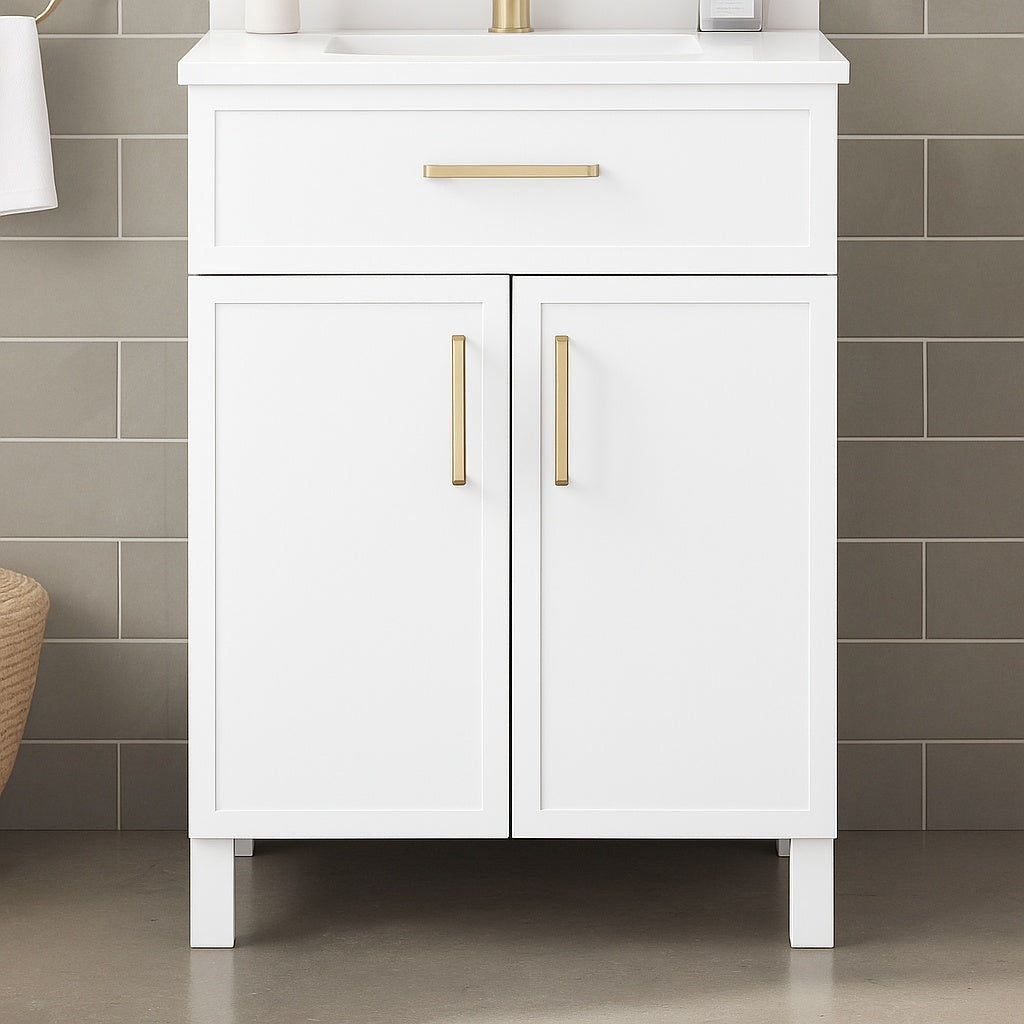 Home Decorators Collection Bilston 24 in Single Sink White Bath Vanity with White Engineered Stone Top Assembled