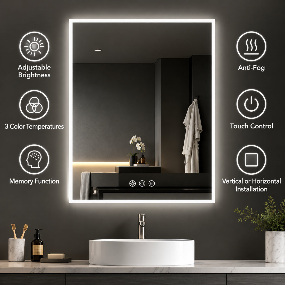 HOMLUX 42 in W x 30 in H Rectangular Frameless LED Light with 3 Color and Anti Fog Wall Mounted Bathroom Vanity Mirror 60DF004D63