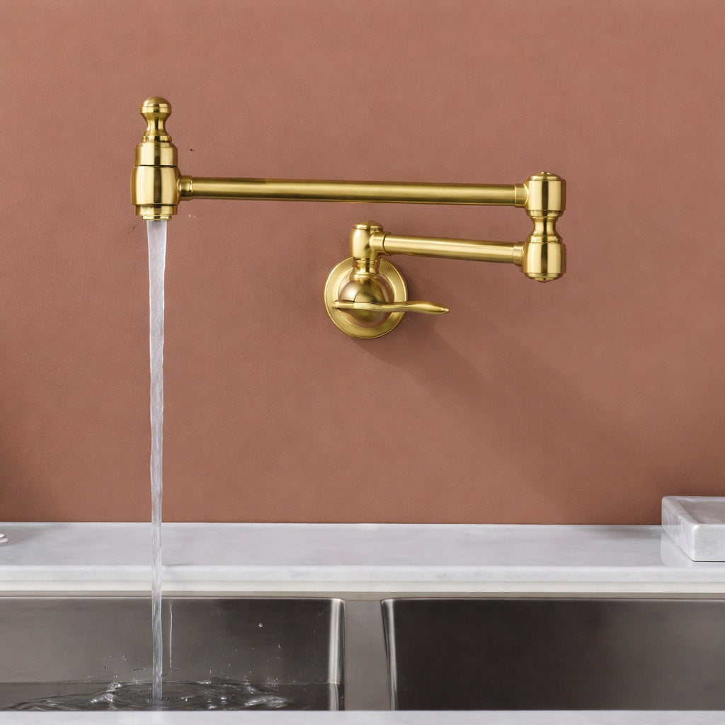 FLG Wall Mounted Pot Filler with Double Handle Folding Kitchen Faucet Swing Arm Modern Commercial Brass Tap in Brushed Gold