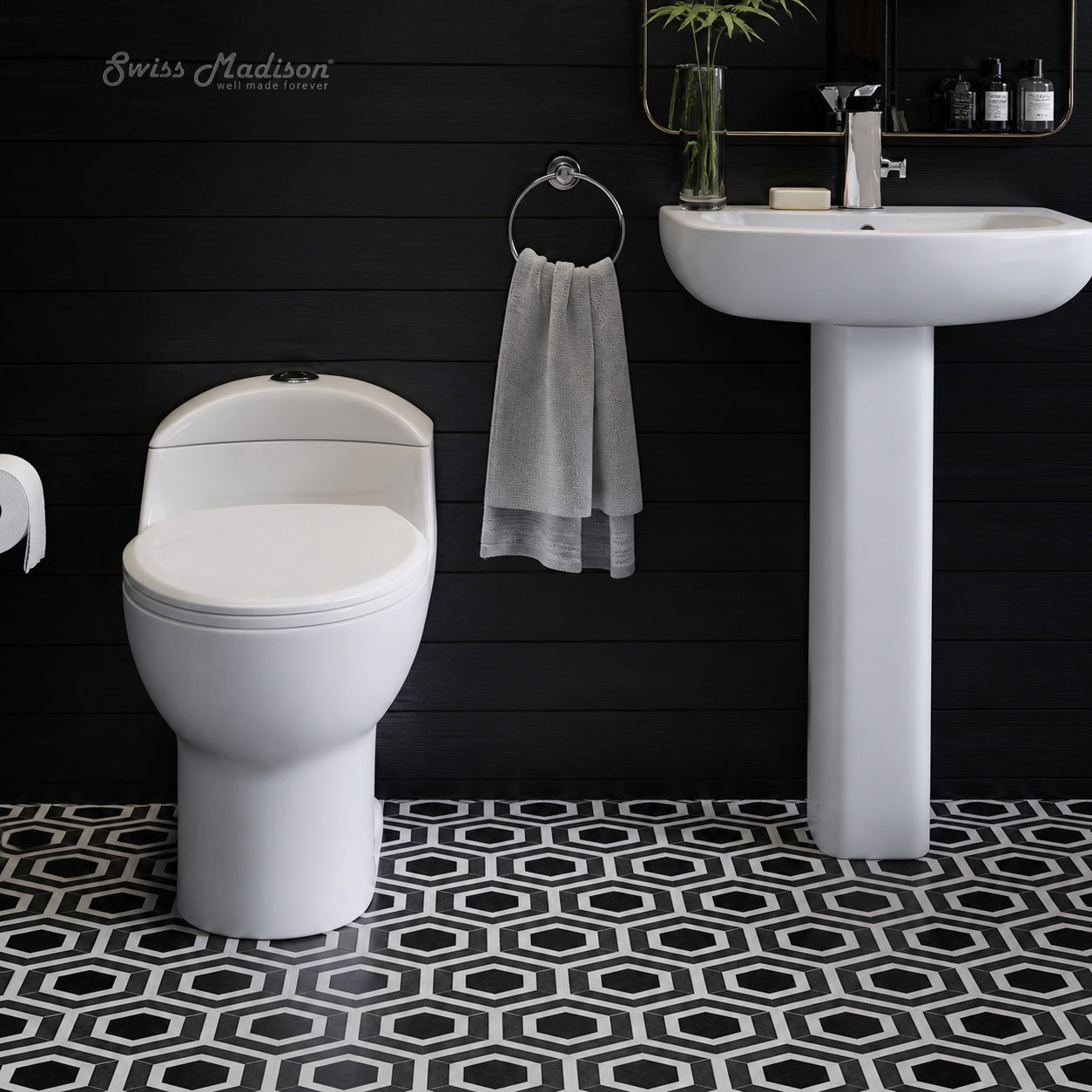 Swiss Madison Chateau 1 piece 1 1 1 6 GPF Dual Flush Elongated Toilet in Glossy White with Black Hardware Seat Included