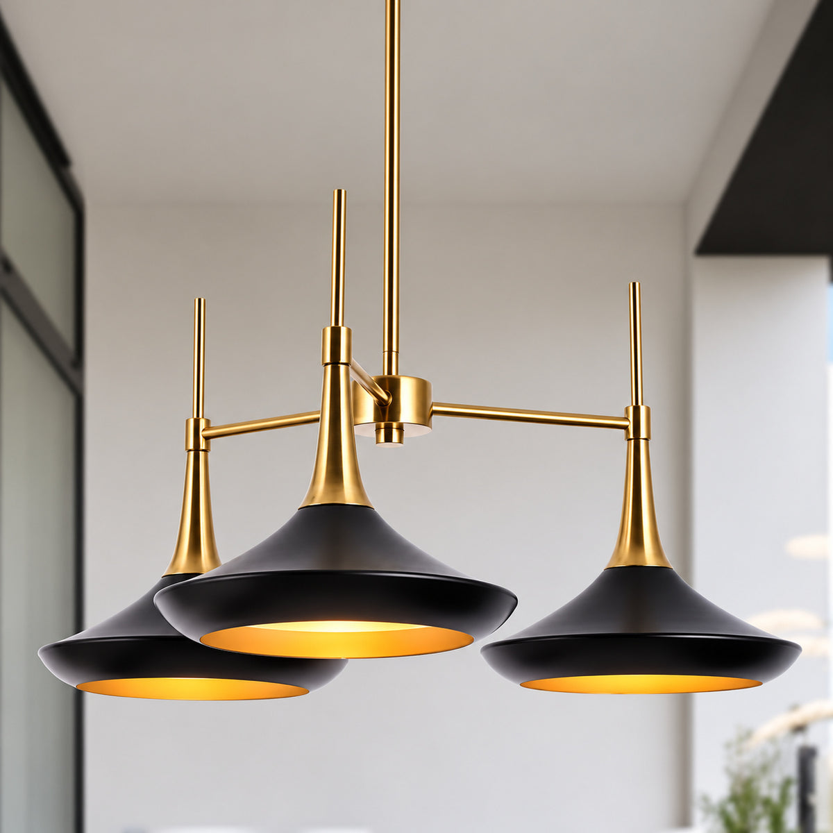LNC Phapri Modern 3 Light Black and Plated Brass Linear Island Chandelier with Bell Metal Shades for Dining Rooms LZNY2IJ85H318C