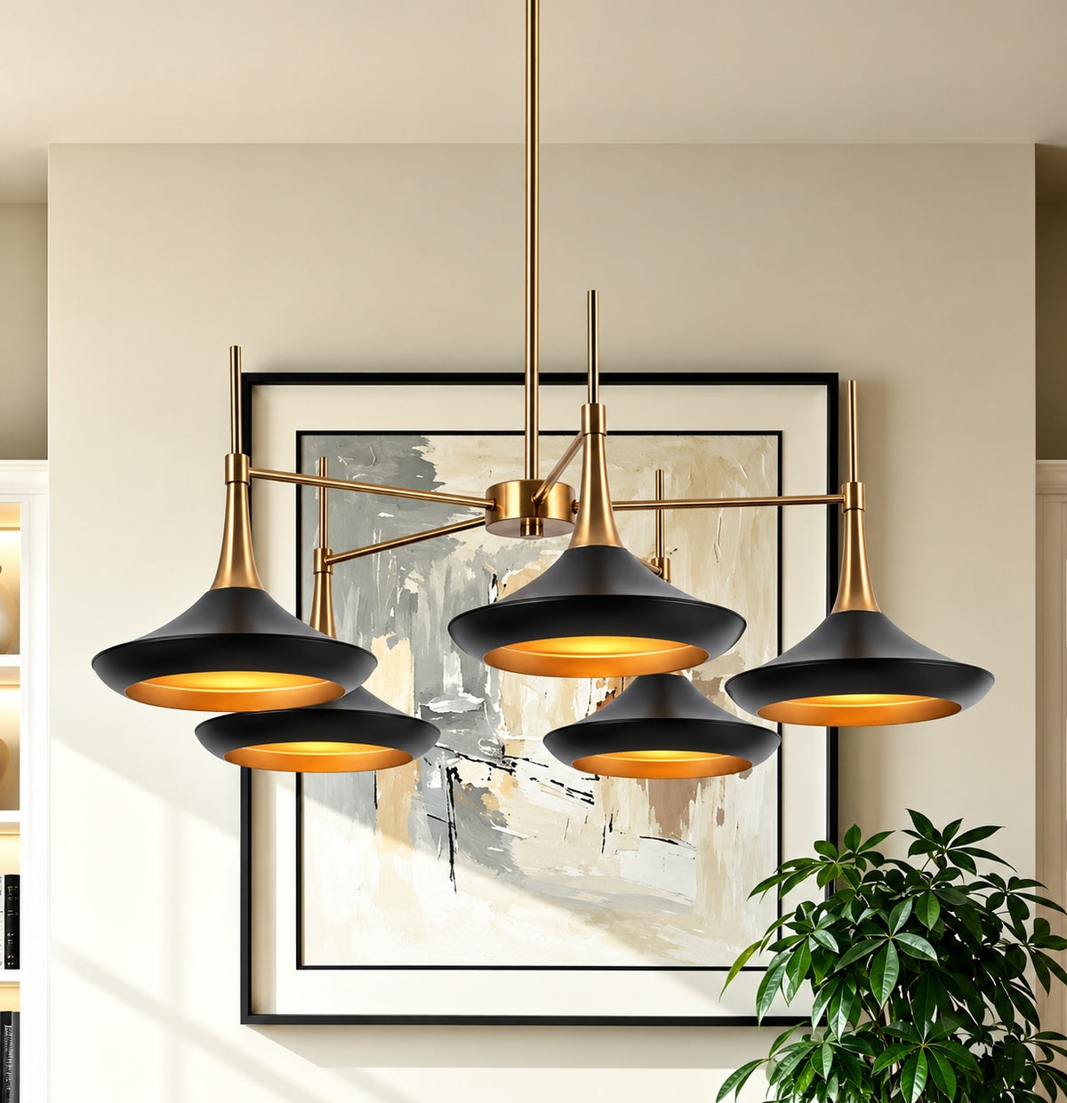 LNC Phapri 5 Light Black and Plated Brass Island Chandelier with Gold Lined Bell Shades for Kitchens and Dining Rooms L77FUFV85C538C