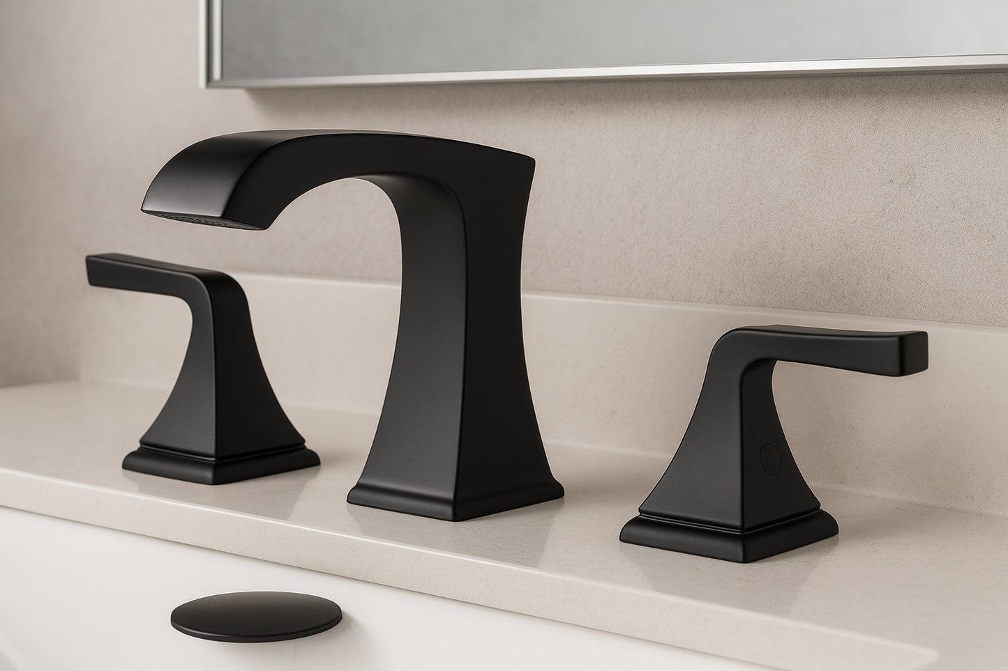 FLG 8 in. Widespread Double Handle 3 Hole Waterfall Bathroom Sink Faucet with Pop-Up Drain Assembly Kit in Matte Black