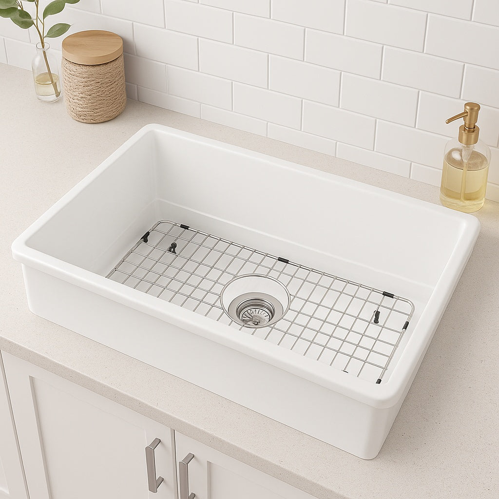 Fulorni 32 in. Undermount Single Bowl Ceramic Kitchen Sink with Strainer and Bottom Grid