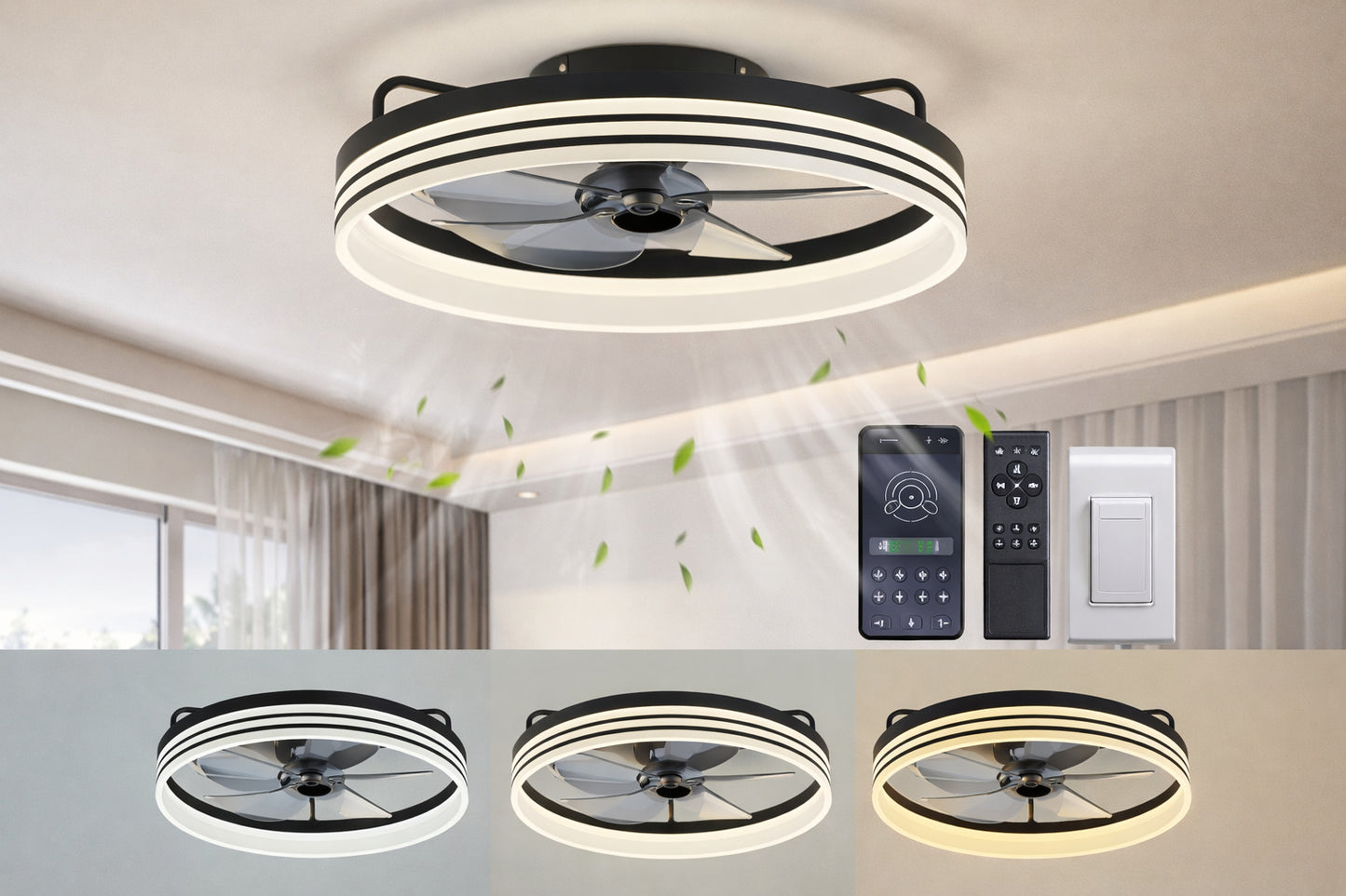 Black 20 in Integrated LED Indoor Color Changing Ceiling Fan with Light Flush Mount Fan with Light for Small Room