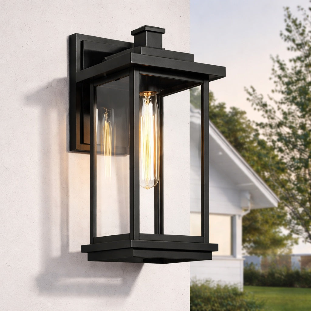 LNC Modern 14 8 in Large 1 Light Black Outdoor Wall Lantern Sconce with Clear Glass Shade for Garage Front Porch Wall Light