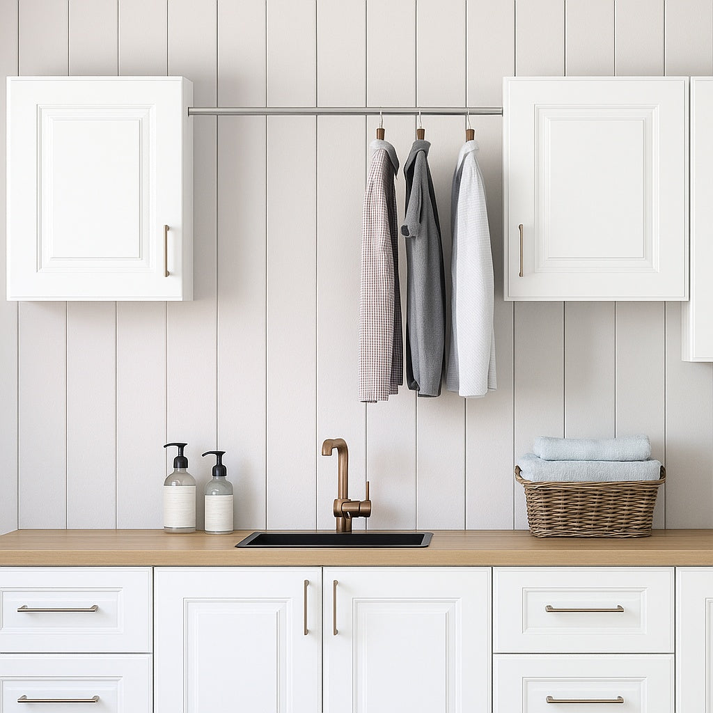 MILL S PRIDE Greenwich Verona White 23 in H x 58 in W x 12 in D Plywood Laundry Room Wall Cabinet and Pole ext 76 in w 2 Shelves