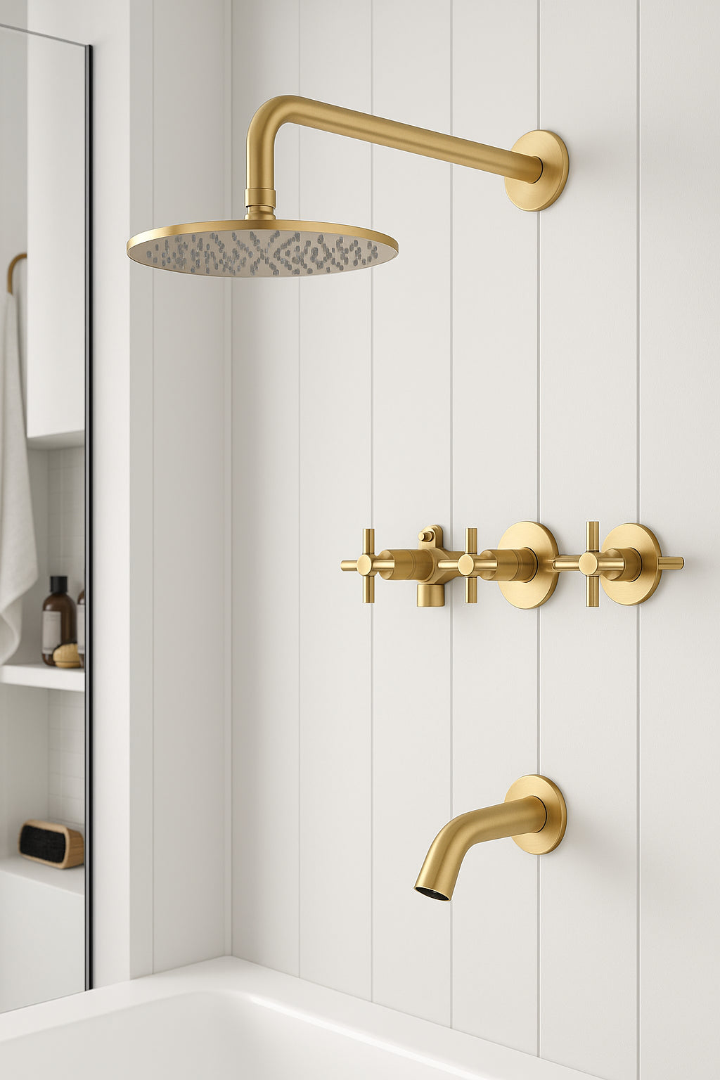 Contemporary Triple Handles 1-Spray Tub and Shower Faucet Flow rate 1.8 GPM in Brushed Gold (Valve Included)