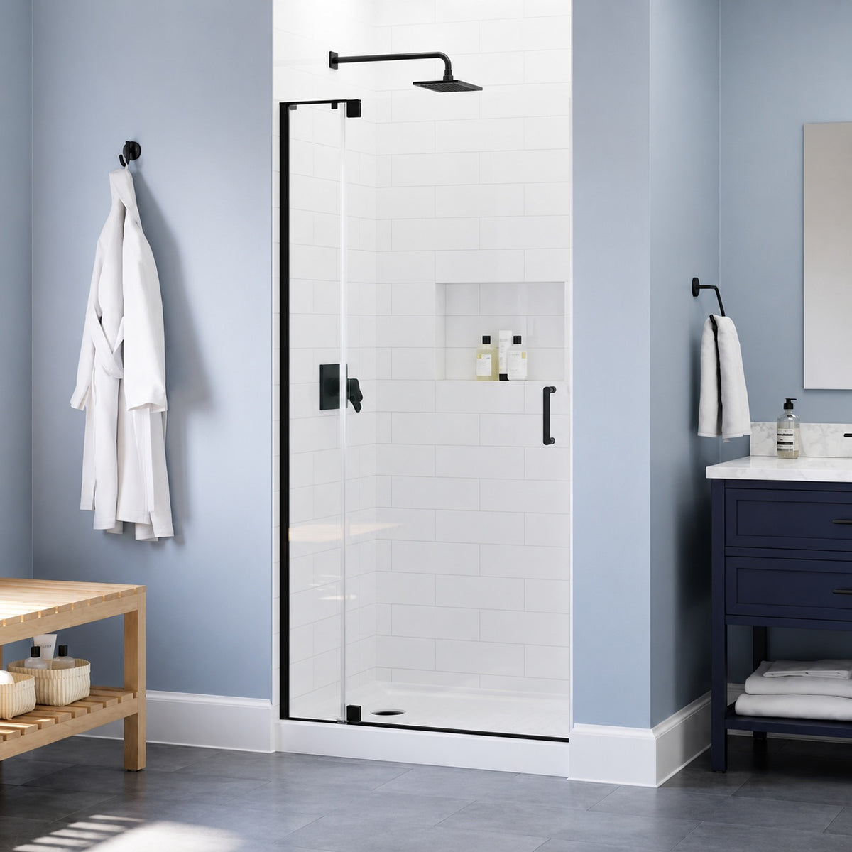 Delta Wilder 30 to 36 in W x 71 3 4 in H Frameless Pivoting Shower Door in Black with 1 4 in Clear Glass SDWS036 MB R