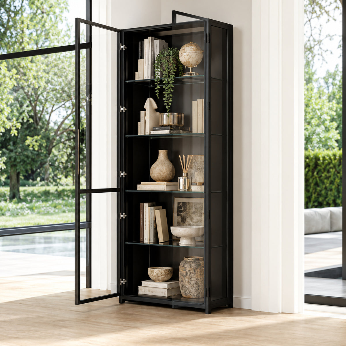 FUFU GAGA Black Wood 31 5 in W Display Cabinet With Pop up Tempered Glass Doors and 3 Color LED Lights KF020373 01