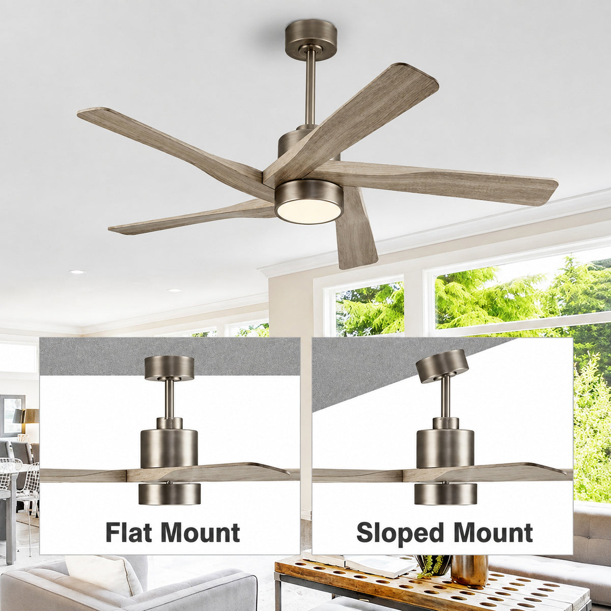 WINGBO 54 in 5 Blades 6 Fan Speeds LED Indoor Nickel and Wooden Grain Smart Ceiling Fan with Remote WBCF BS114 NW