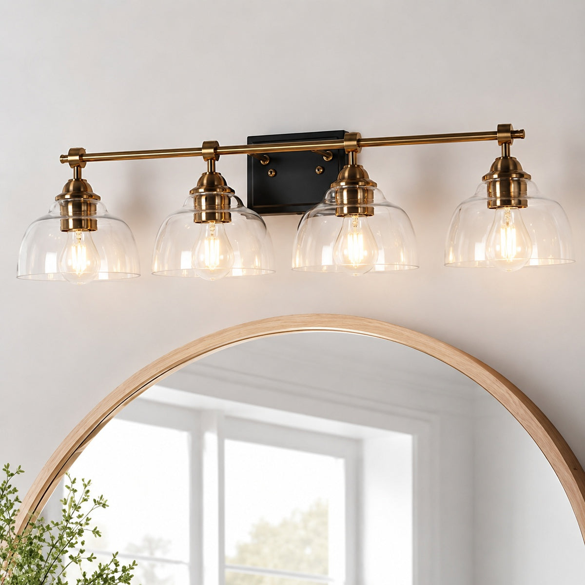 LNC Modern 4 Light Black and Plated Brass Vanity Light Damp Wall Light with Bell Shaped Clear Glass Shades for Bathroom L77FJRB93W4Q9C