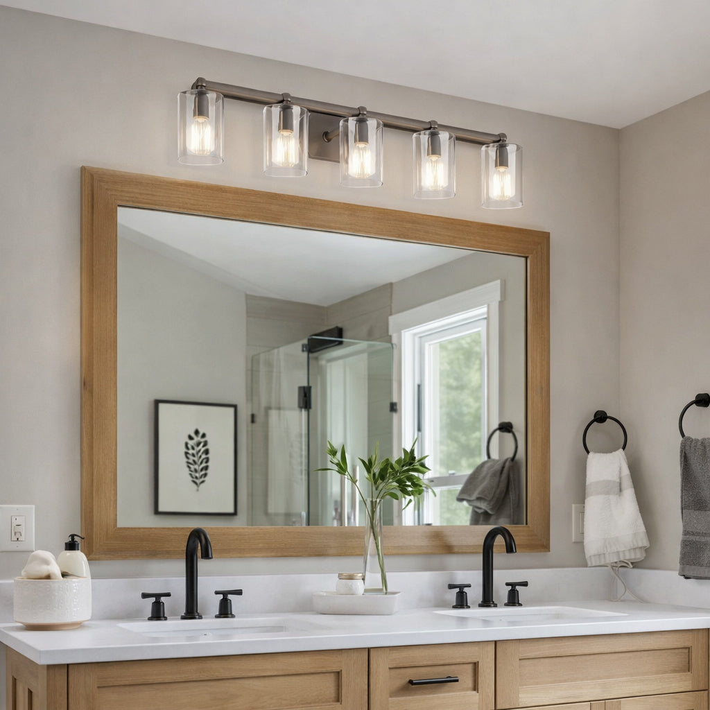Farmhouse 31 7 in 4 Light Oil Rubbed Bronze Bathroom Vanity Light with Clear Glass Shades