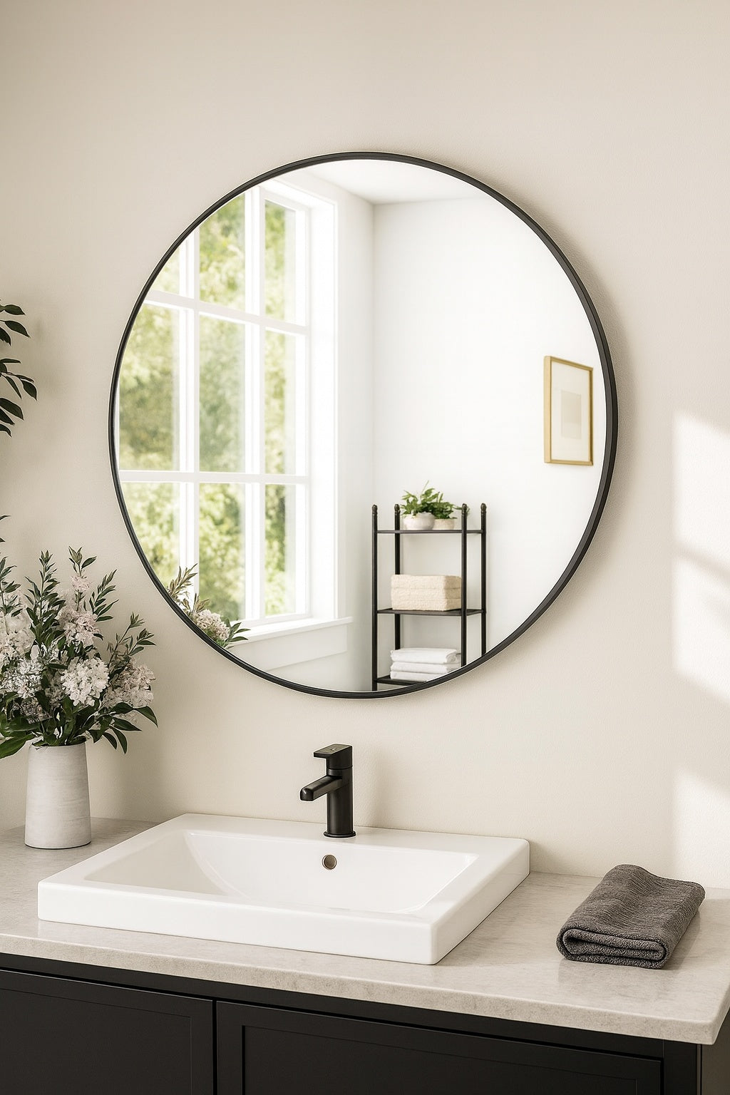 GLSLAND 30 in W x 30 in H Round Metal Framed Wall Bathroom Vanity Mirror Black