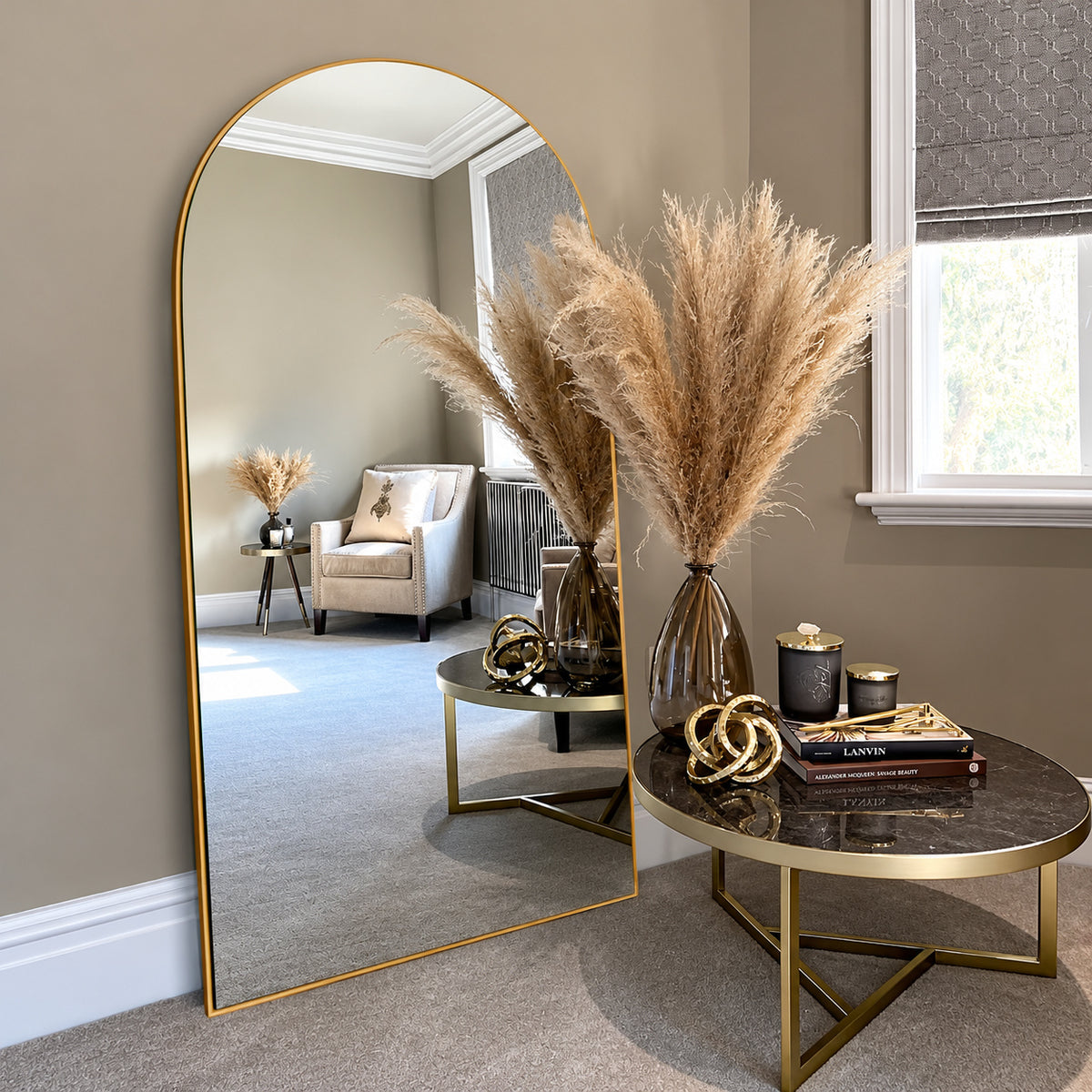 LuxHomez 24 in W x 71 in H Oversized Modern Arch Wood Full Length Gold Wall Mounted Standing Mirror Floor Mirror GGI AWMGD 4