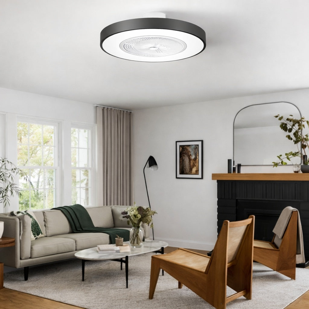 TOZING 21 in Integrated LED Indoor Modern Black Round Style Enclosed Flush Mount Ceiling Fan Light with Remote Control