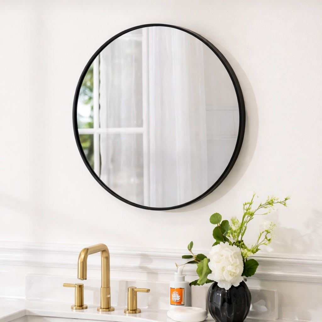 WELLFOR BELLA 24 in W x 24 in H Round Aluminum Framed Wall Mounted Bathroom Vanity Mirror in Matte Black