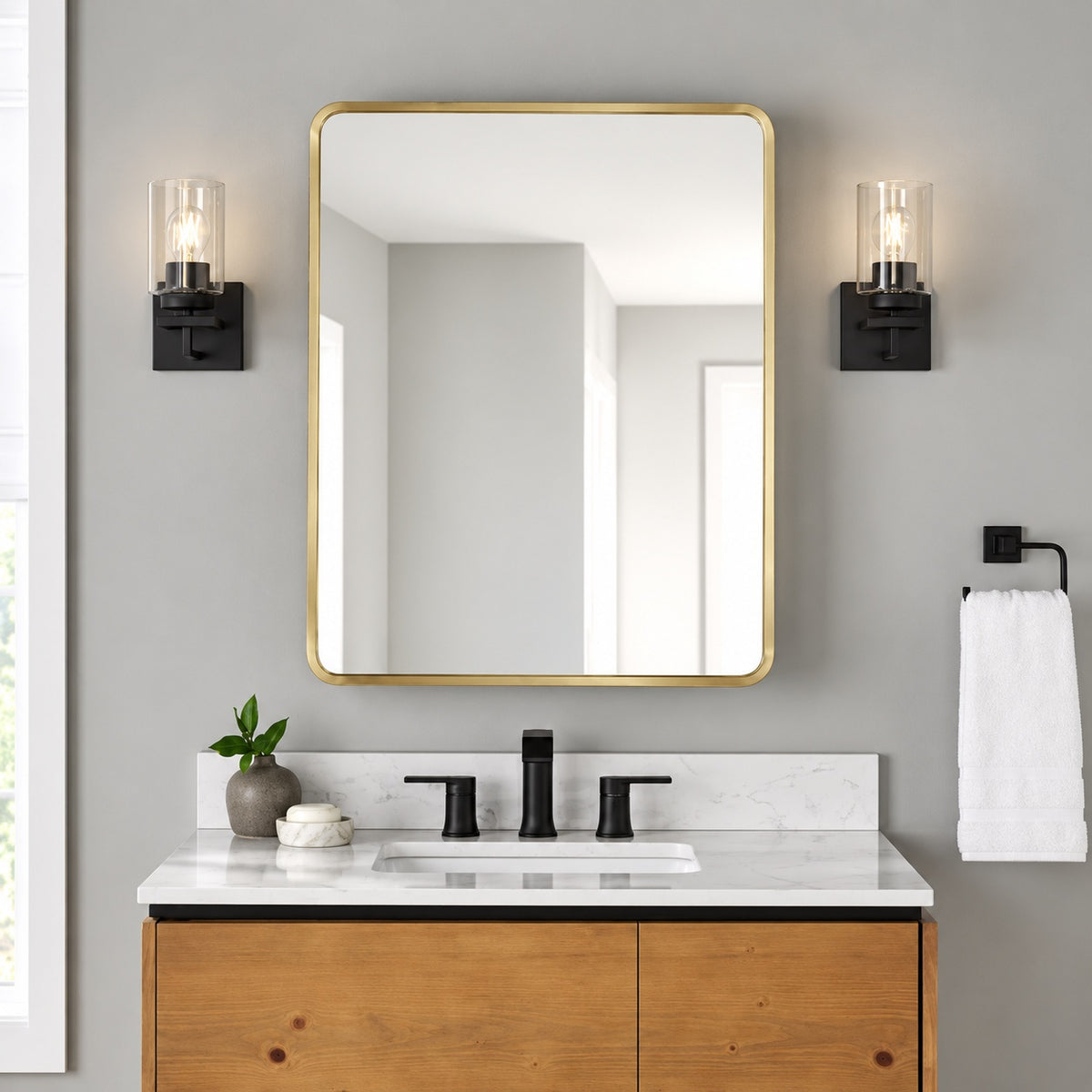 Glacier Bay 24 in W x 30 in H Rounded Corner Rectangular Brushed Gold Medicine Cabinet with Mirror EGMST24HD