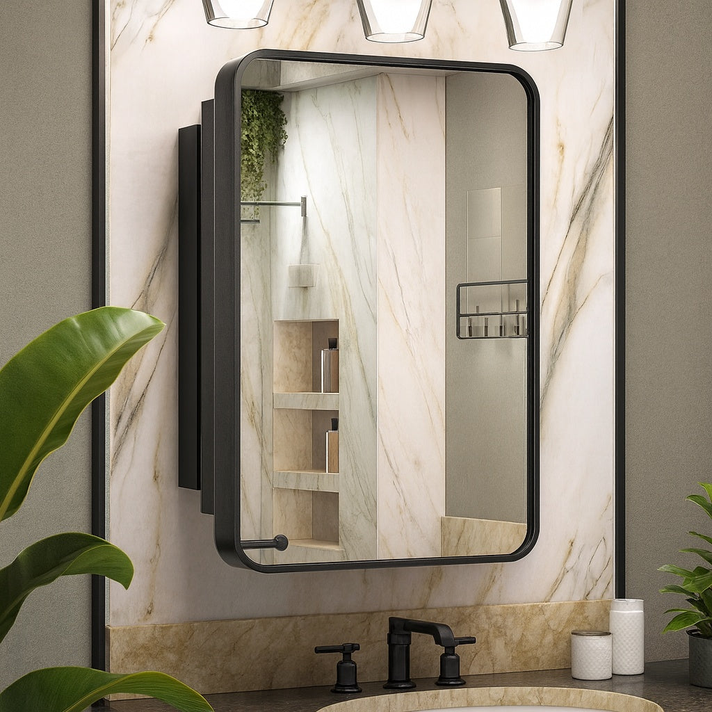 KeonJinn 20 in. W x 32 in. H Rectangular Black Stainless Steels Framed Recessed/Surface Mount Medicine Cabinet with Mirror