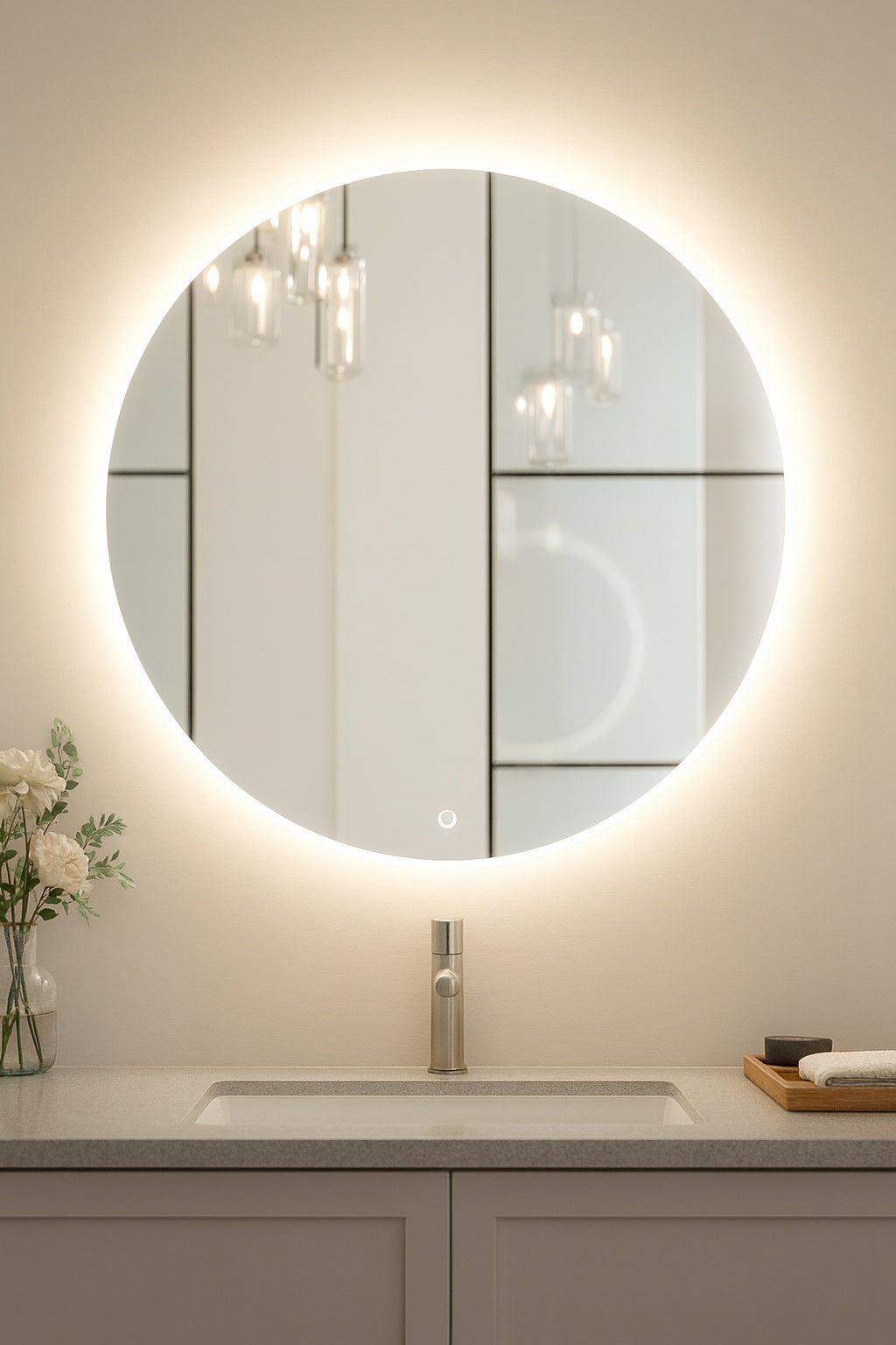 KeonJinn 28 in. W x 28 in. H Modern Round Frameless Anti-Fog Wall Mount LED Bathroom Vanity Mirror with 3 Colors Dimmable Lights