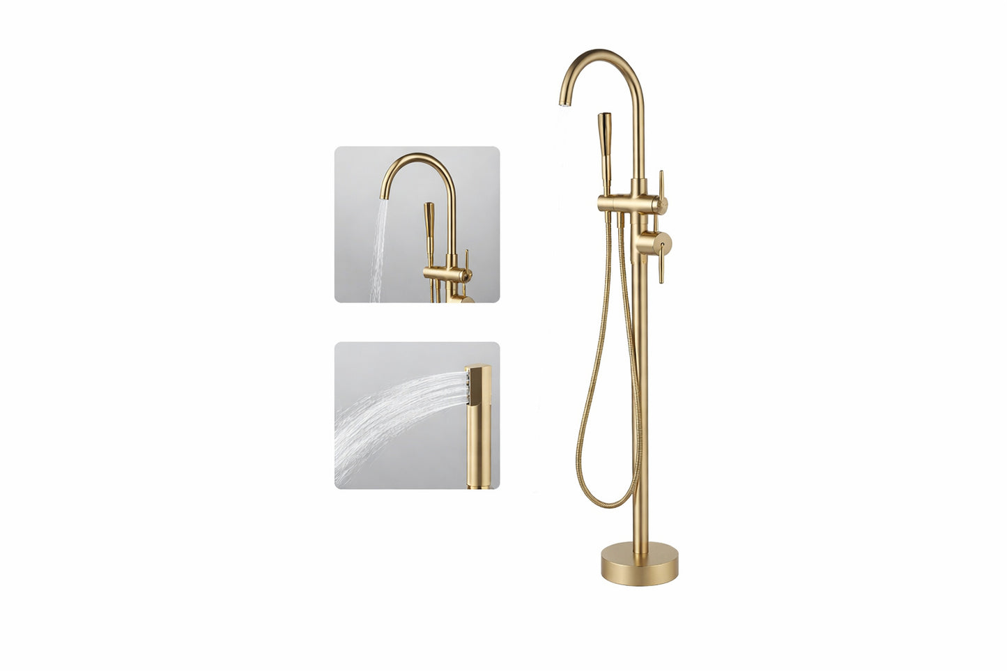 2 Handle Freestanding Floor Mount Tub Faucet Bathtub Filler with Hand Shower in Brushed Gold