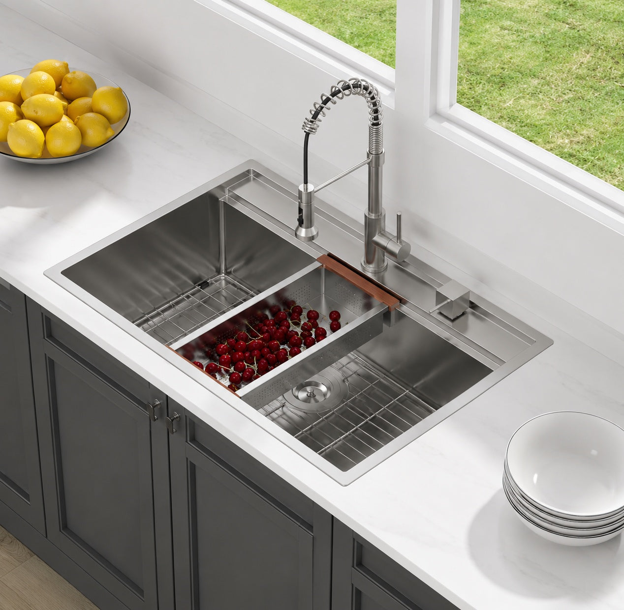 LORDEAR 33 in x 22 in Workstation Single Bowl 16 Gauge Stainless Steel Drop In Kitchen Sink with Bottom Grid