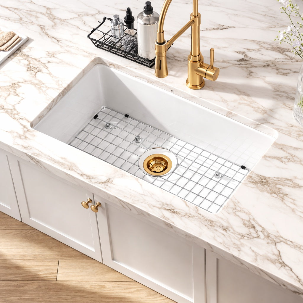 Eridanus Denbigh White Fireclay 36 in x 18 in Farmhouse Apron Single Bowl Kitchen Sink with Bottom Grid and Basket Strainer