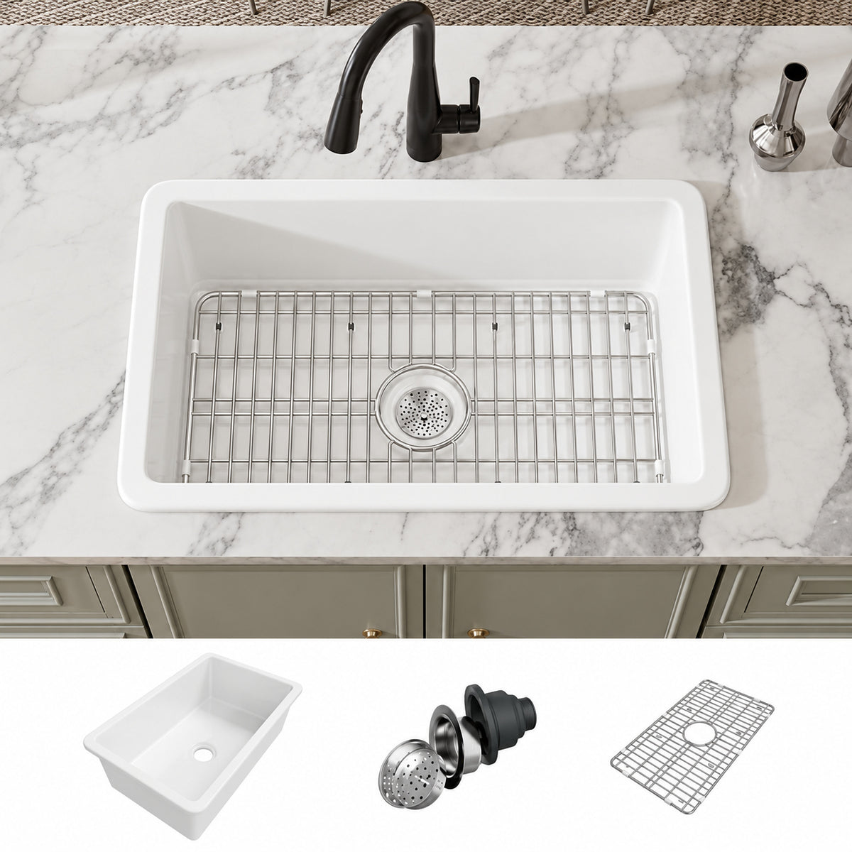 Eridanus Oslo 32 in Drop In Undermount Single Bowl in Crisp White Fireclay Kitchen Sink with Bottom Grid and Basket Strainer