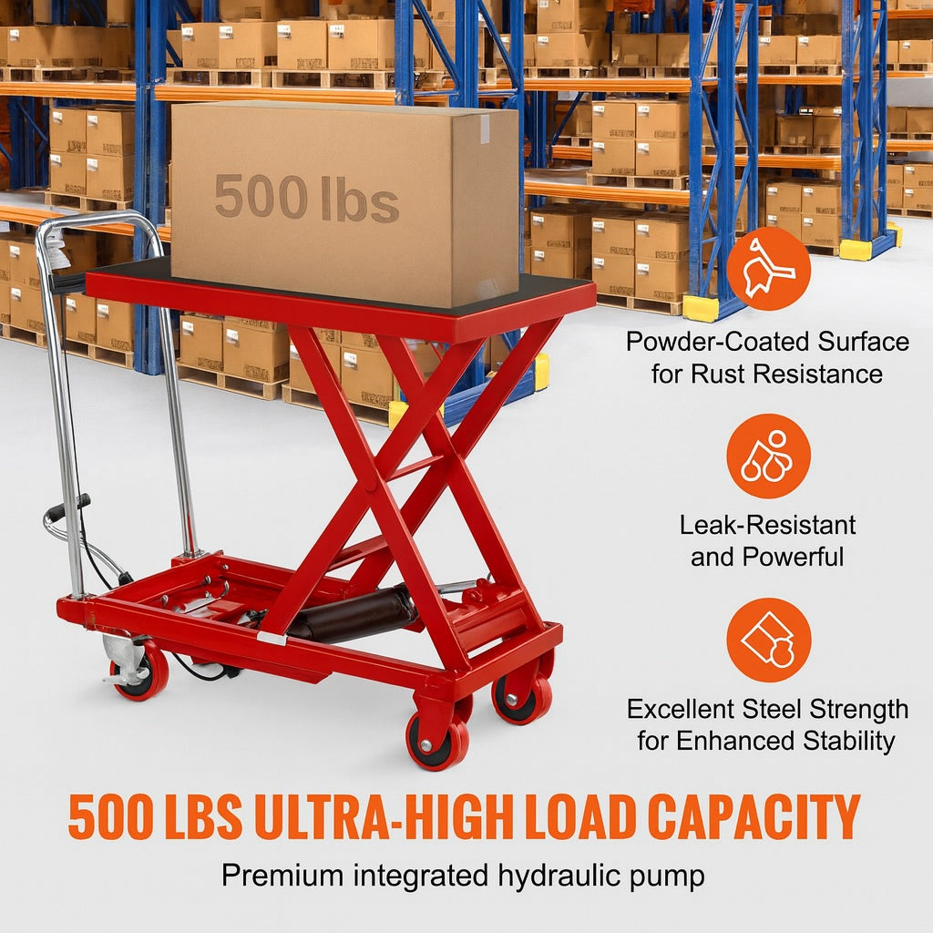 VEVOR Hydraulic Lift Table Cart 500 lbs. Capacity Manual Single Scissor Lift Cart with 4 Wheels 28.5 in. Lifting Height (Red)