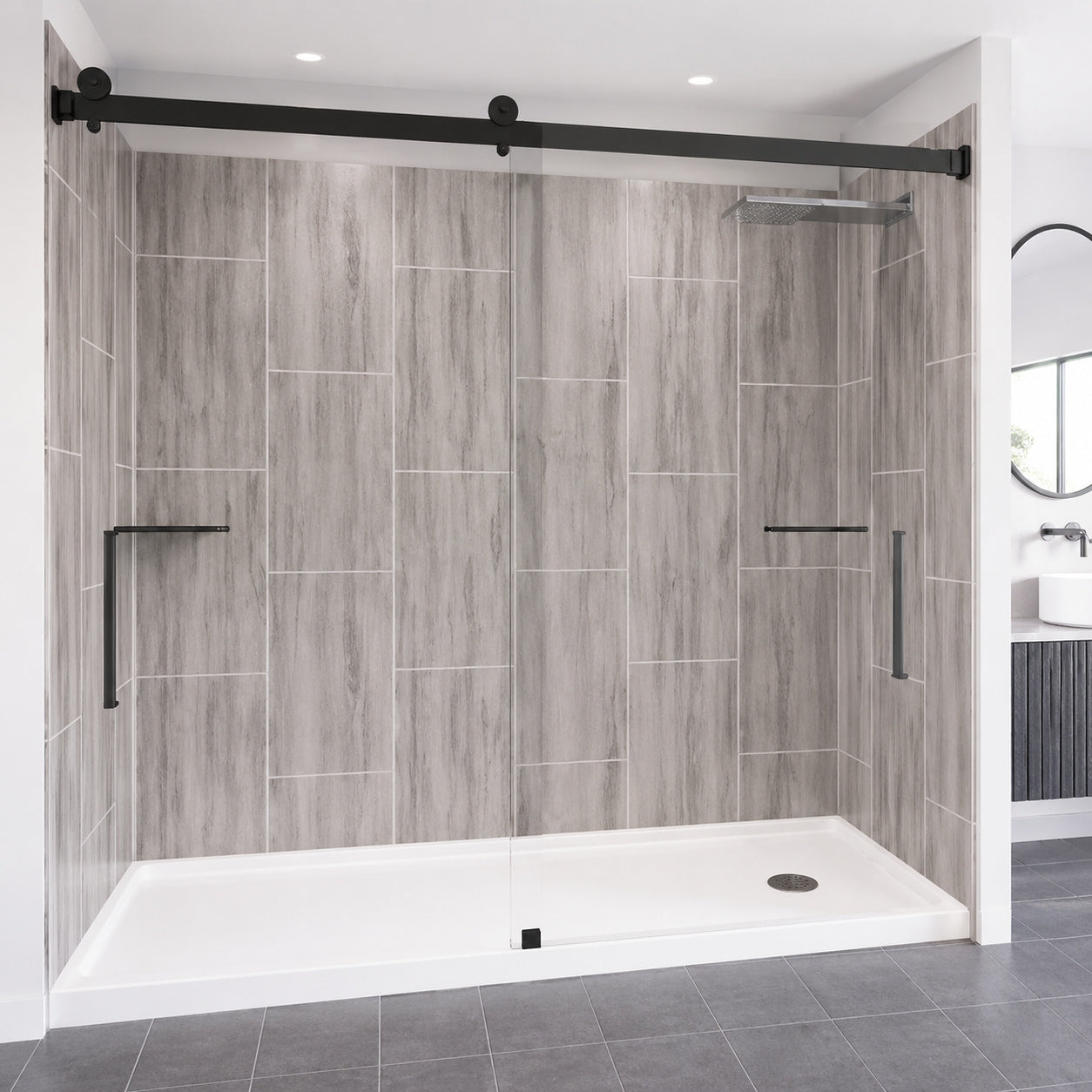 NuVo Driftwood Tetherow 60 in x 34 in x 83 in Base Wall Door Rectangular Alcove Shower Stall Kit Matte Black Center