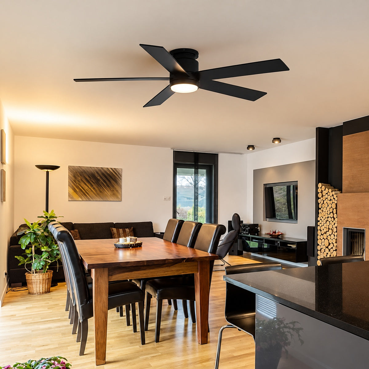 Breezary Hector II 52 in Covered Outdoor Standard Black Flush Ceiling Fan with LED Light Black Blade and Remote Included 24023 AB