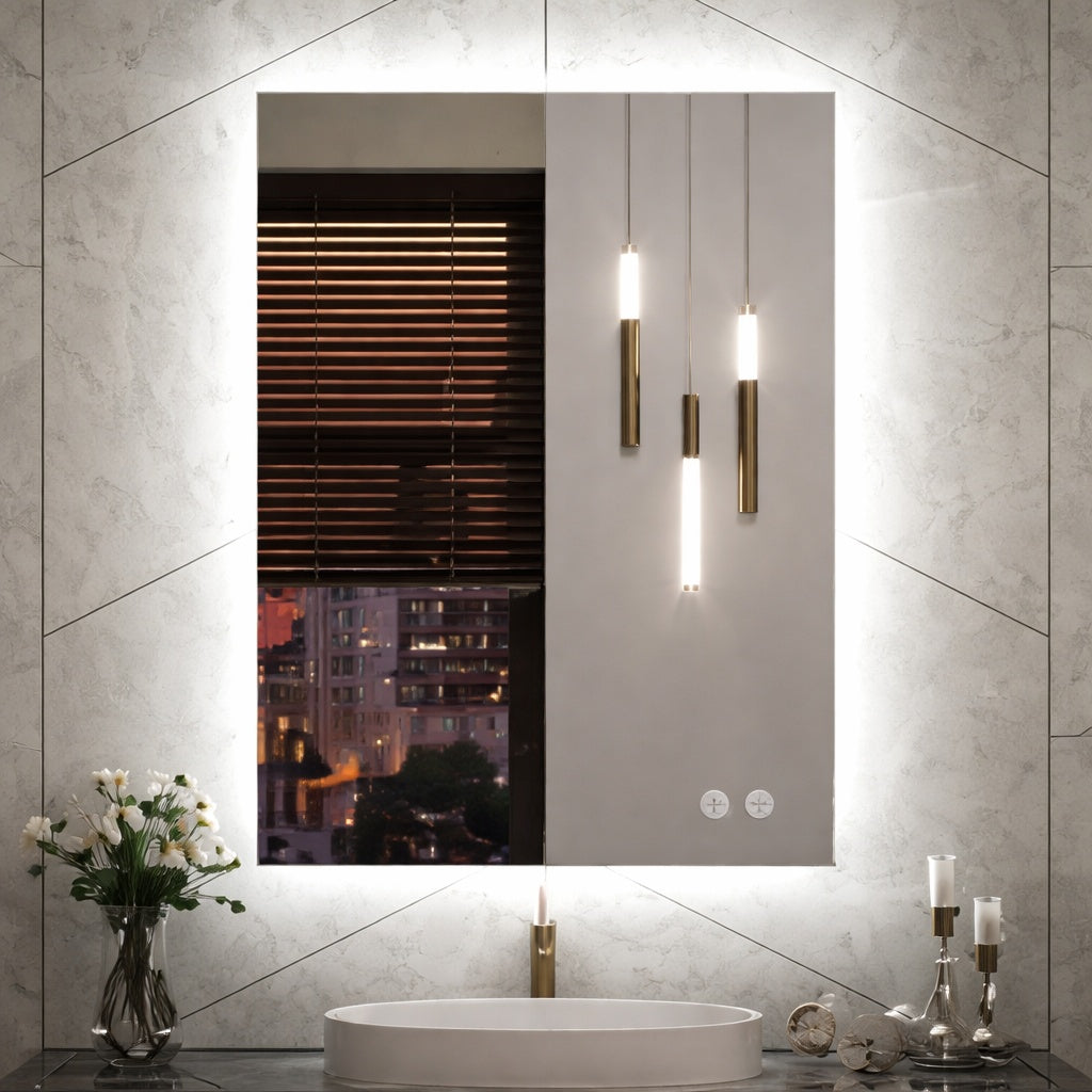KeonJinn 24 in W x 36 in H Rectangular Frameless LED Light Anti Fog Wall Bathroom Vanity Mirror with Backlit