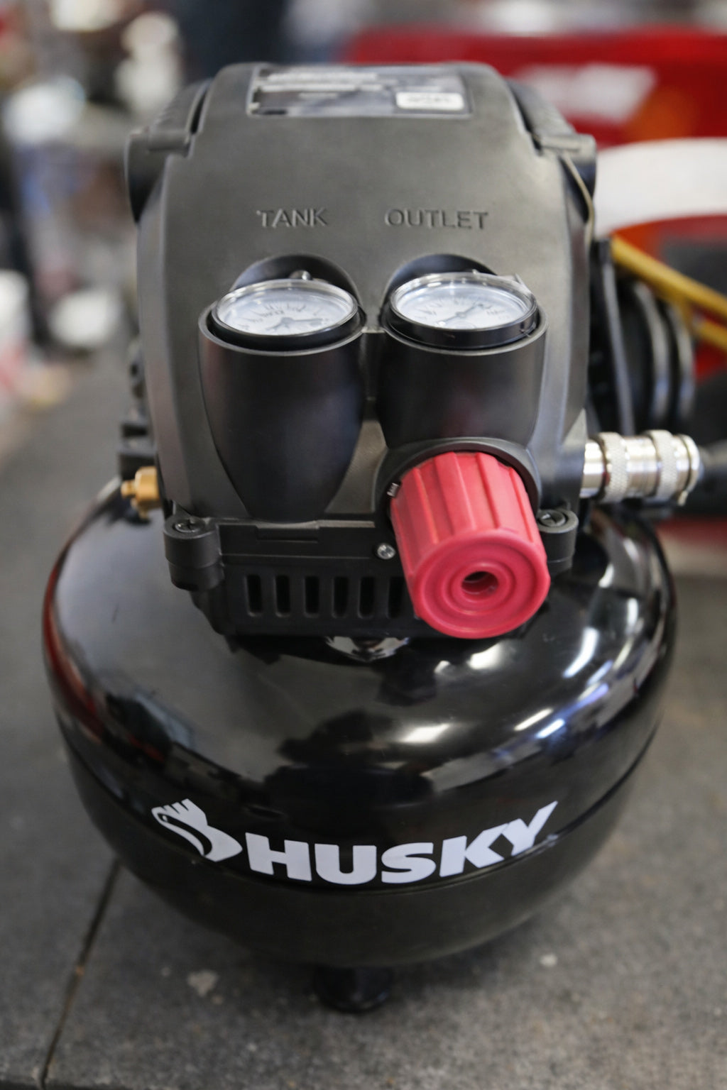 Husky 3 Gal 120 PSI Portable Electric Oil Free Light Duty Pancake Air Compressor with Fold Down Handle and 1 Quick Coupler