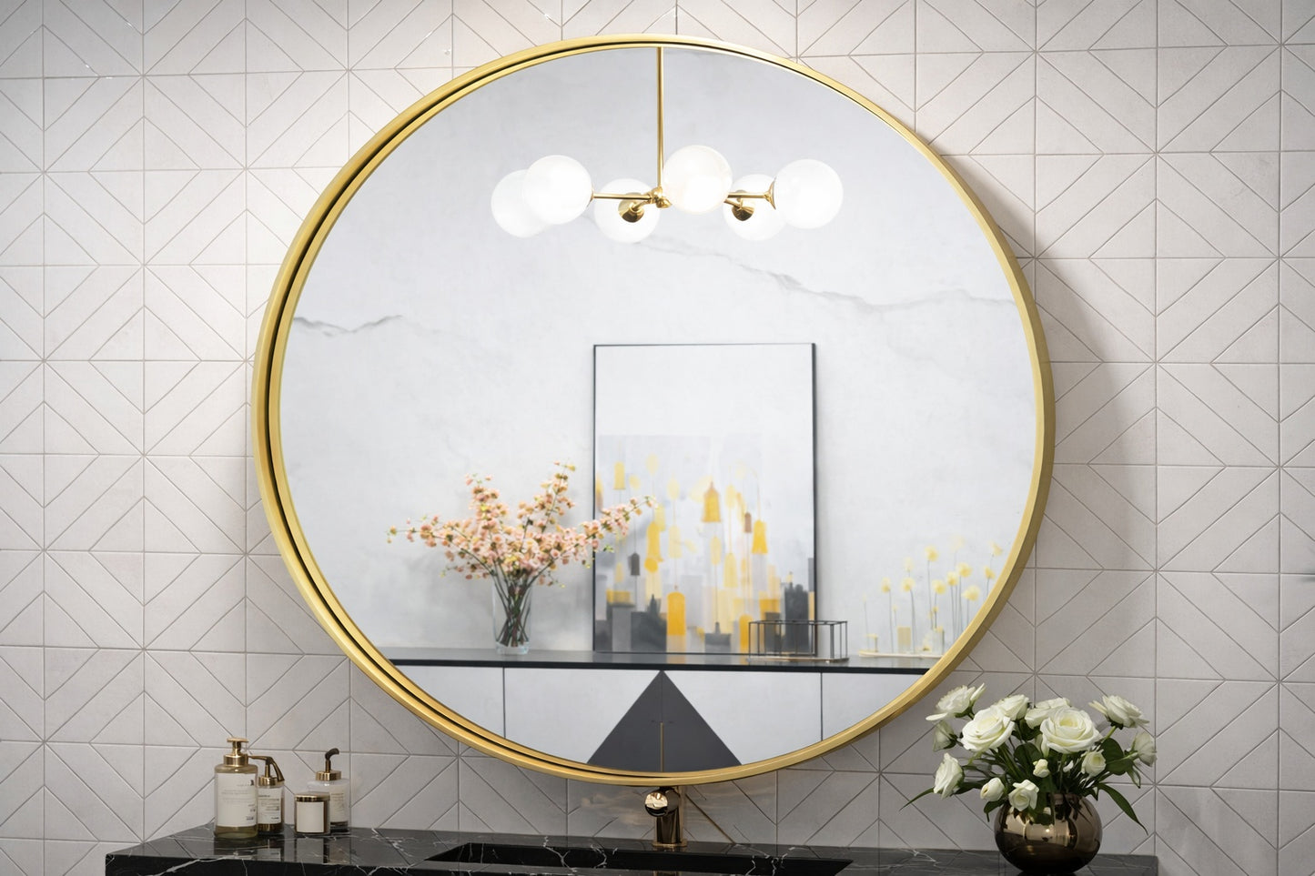 TETOTE 30 in W x 30 in H Round Mirror Framed Brass Gold Mirrors for Bathroom Wall Bathroom Vanity Mirror Over Sink