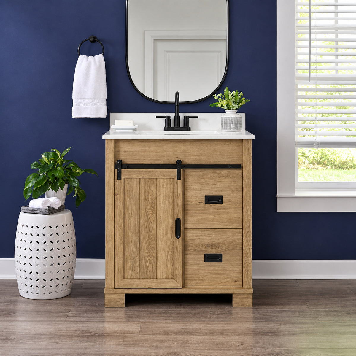 Glacier Bay Brindley 30 in Single Sink Freestanding Aged Oak Bath Vanity with White Engineered Stone Top Assembled