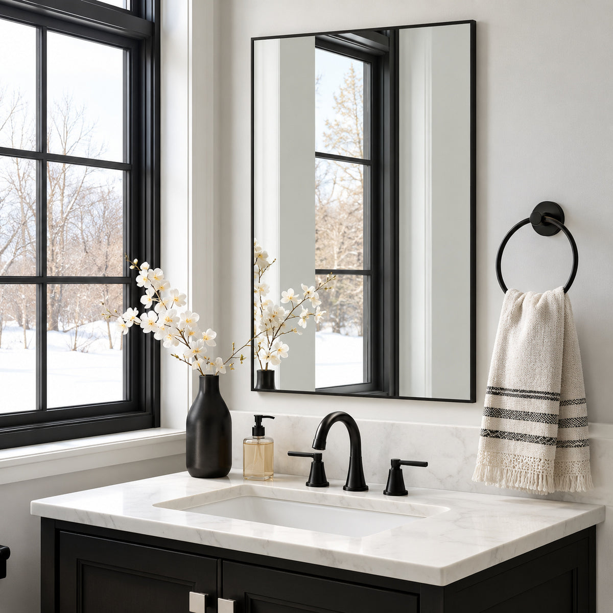 Lirago 32 in W x 51 in H Rectangular Metal Framed Bathroom Wall Mirror in Black HD TJS65