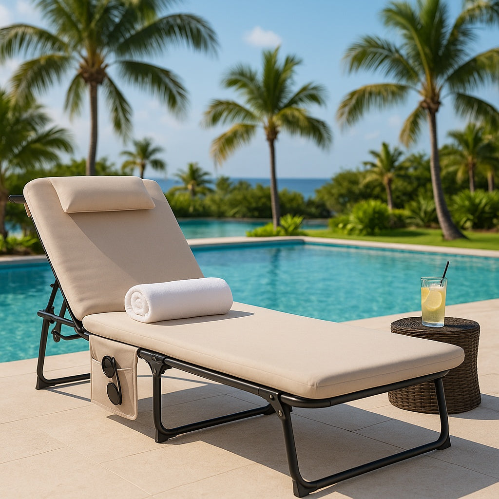 Unbranded Folding Chaise Lounge Gray 1-Piece Metal Outdoor Chaise Lounge with CushionGuard Beige Cushions