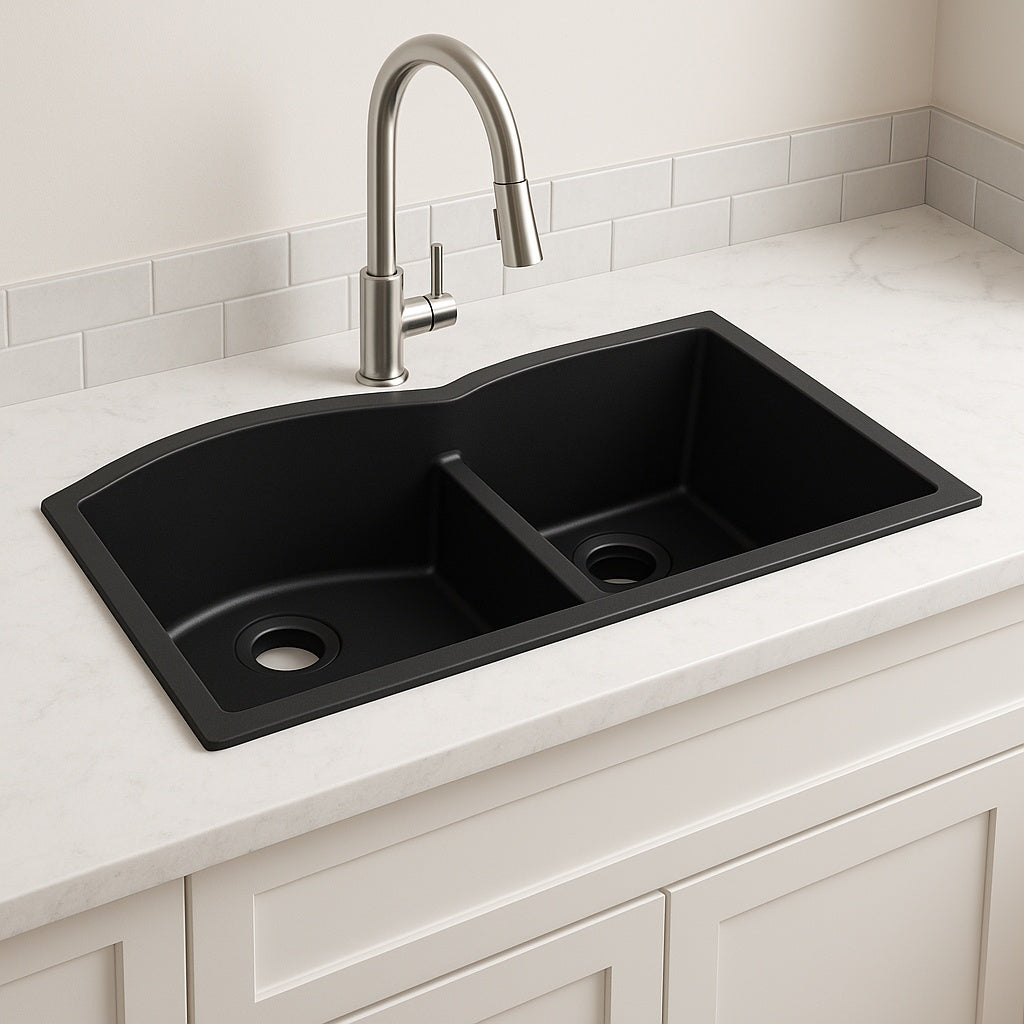 Elkay Quartz Classic 33 in. Undermount Double Bowl Matte Black Granite/Quartz Composite Kitchen Sink Only