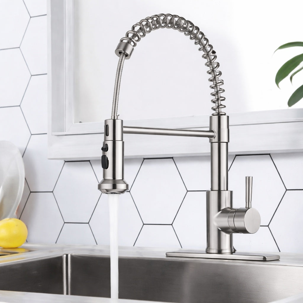 LORDEAR 1 8 GPM Single Handle Spring Pull Down Sprayer Kitchen Faucet with Power Clean in Brushed Nickel