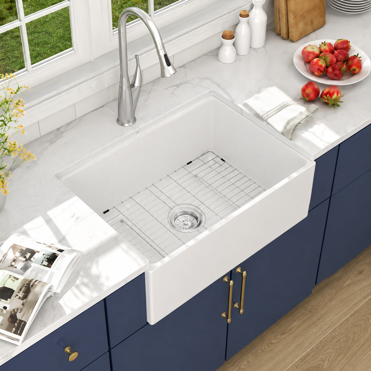 LORDEAR Ceramic 28 in Single Bowl Farmhouse Apron Kitchen Sink with Sink Grid and Basket Strainer