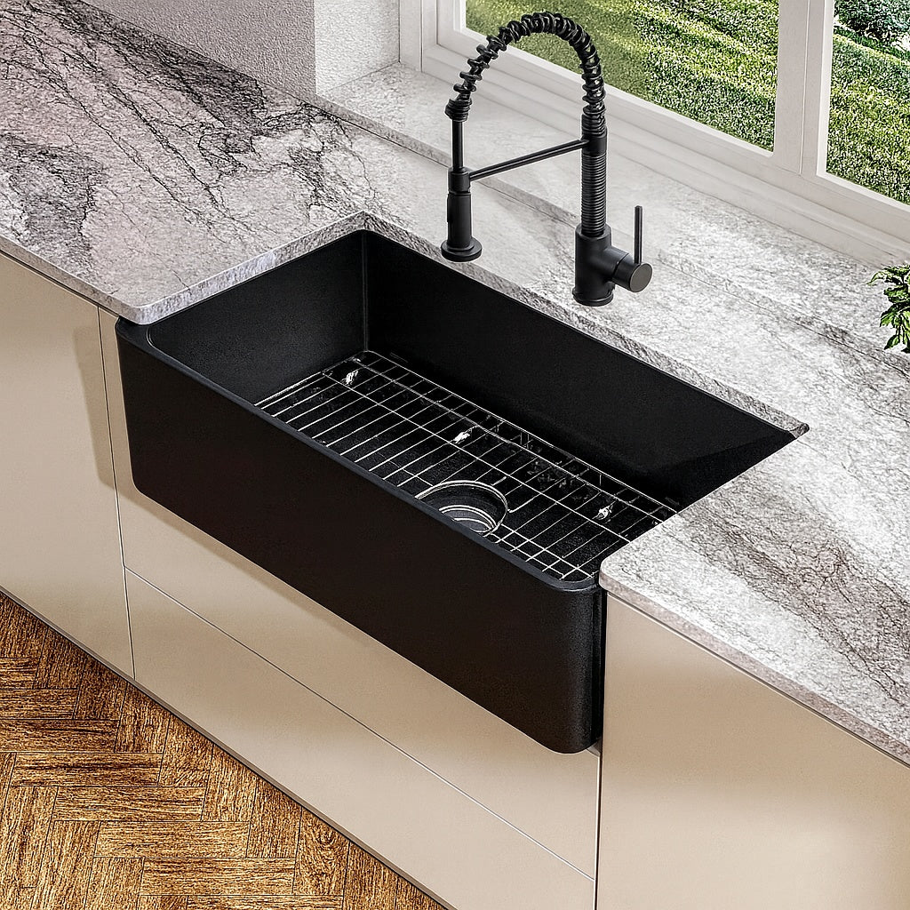 Eridanus Denbigh Matte Black Fireclay 33 in. Single Bowl Farmhouse Apron Kitchen Sink with Bottom Grid and Basket Strainer