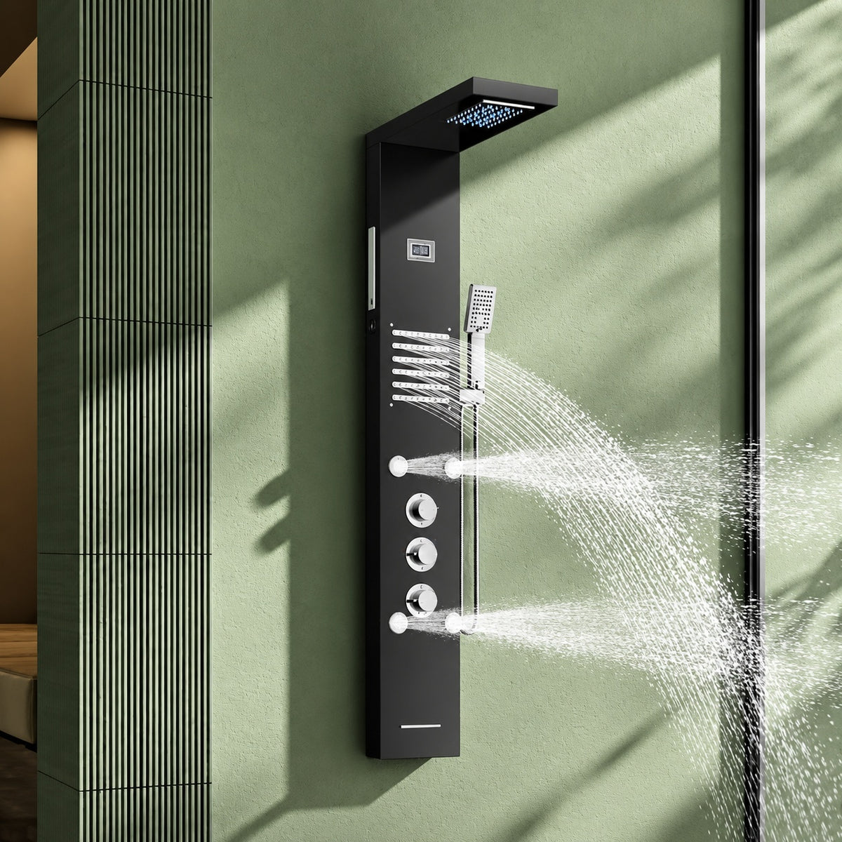 FORIOUS PRO 6 Jets LED Rainfall Waterfall Shower Head Rain Massage System with Body Jets Bathroom Shower Panel Tower System in Black HH4502303B D